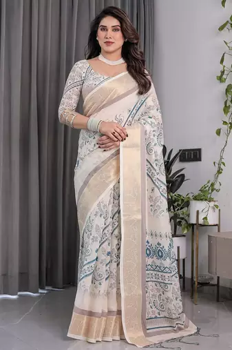 Stylish linen weaved with golden zari handloom saree with floral digital print and tassels – 5.5m + 0.8m