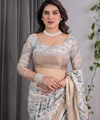 Stylish linen weaved with golden zari handloom saree with floral digital print and tassels     5.5m + 0.8m 2