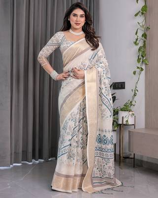 Stylish linen weaved with golden zari handloom saree with floral digital print and tassels     5.5m + 0.8m 3