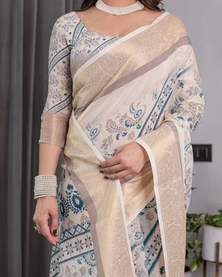 Stylish linen weaved with golden zari handloom saree with floral digital print and tassels     5.5m + 0.8m 4