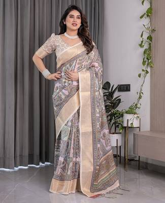 Festive ready handloom linen weaved with golden zari saree with floral artwork & matching blouse 1