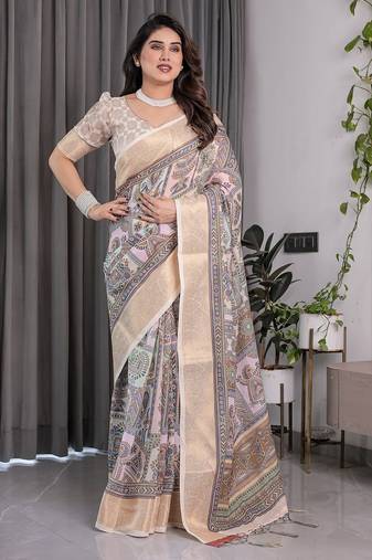 Festive ready handloom linen weaved with golden zari saree with floral artwork & matching blouse