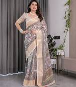 Festive ready handloom linen weaved with golden zari saree with floral artwork & matching blouse