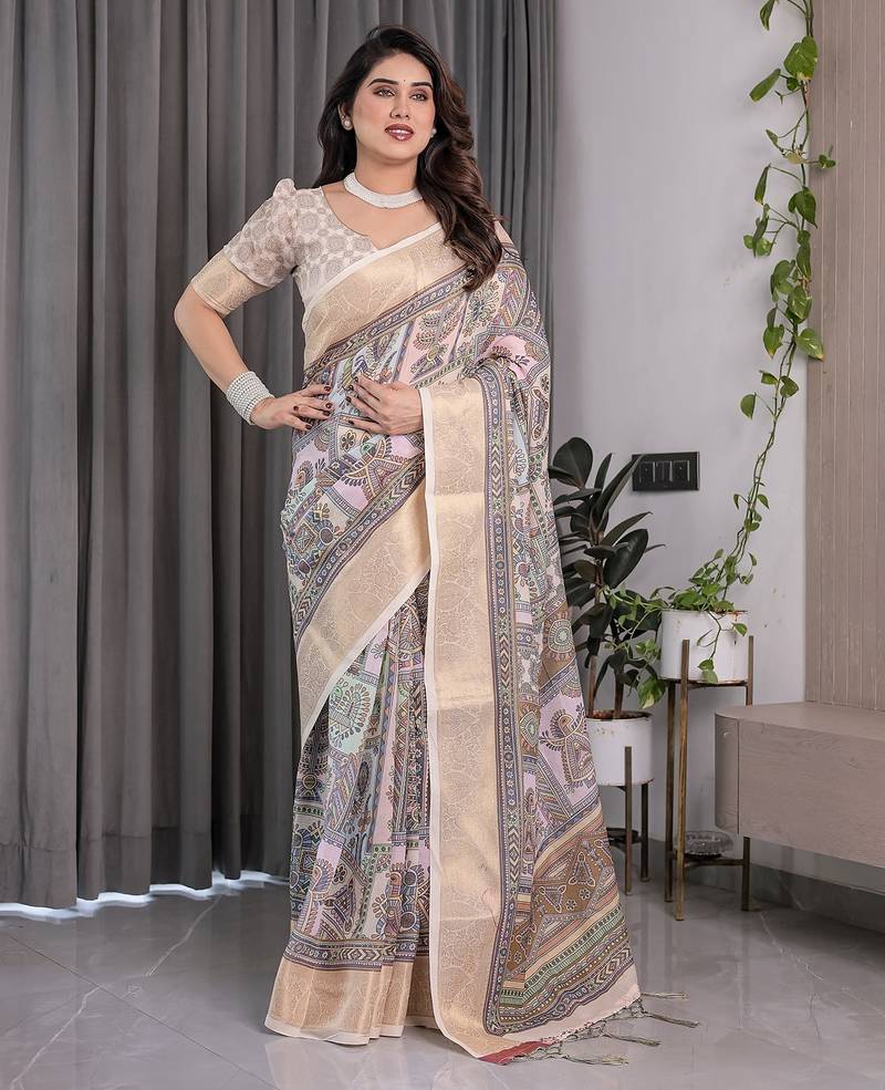 Festive ready handloom linen weaved with golden zari saree with floral artwork & matching blouse