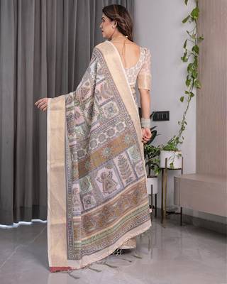 Festive ready handloom linen weaved with golden zari saree with floral artwork & matching blouse 3