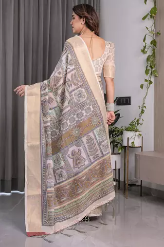 Festive ready handloom linen weaved with golden zari saree with floral artwork & matching blouse