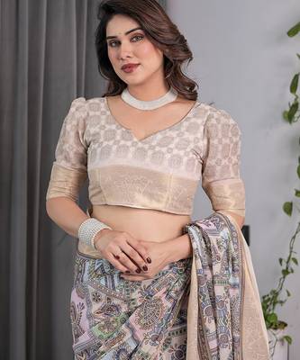 Festive ready handloom linen weaved with golden zari saree with floral artwork & matching blouse 4