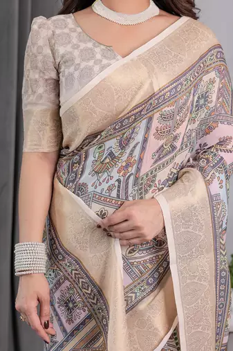 Festive ready handloom linen weaved with golden zari saree with floral artwork & matching blouse