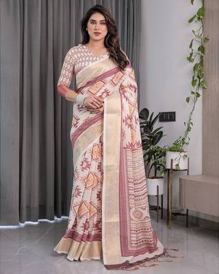 Handloom linen weaved with golden zari floral printed saree with tassels & attached blouse     5.5m 1