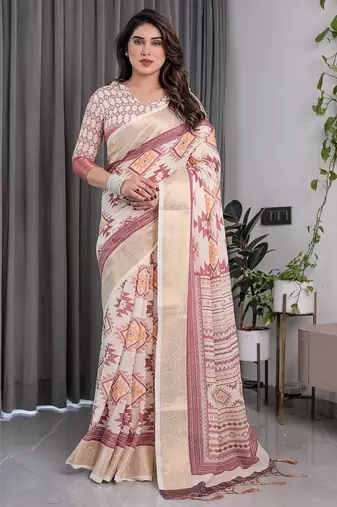 Handloom linen weaved with golden zari floral printed saree with tassels & attached blouse – 5.5m