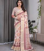 Handloom linen weaved with golden zari floral printed saree with tassels & attached blouse     5.5m