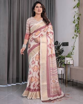 Handloom linen weaved with golden zari floral printed saree with tassels & attached blouse     5.5m 2