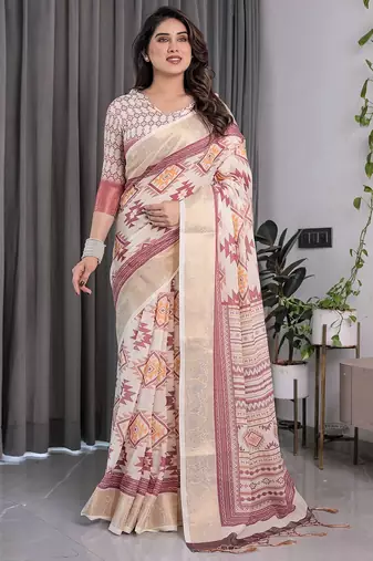 Handloom linen weaved with golden zari floral printed saree with tassels & attached blouse     5.5m