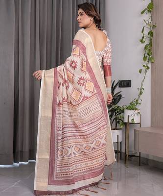 Handloom linen weaved with golden zari floral printed saree with tassels & attached blouse     5.5m 3
