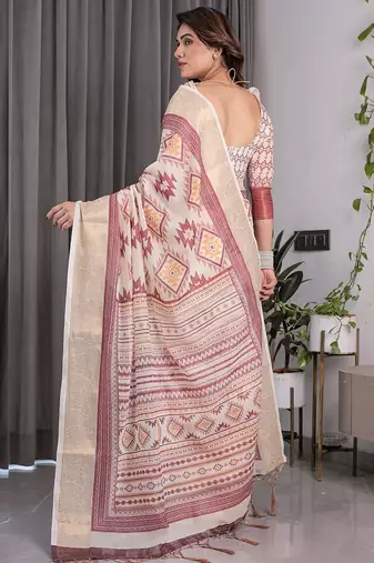 Handloom linen weaved with golden zari floral printed saree with tassels & attached blouse     5.5m