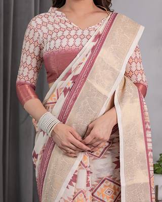 Handloom linen weaved with golden zari floral printed saree with tassels & attached blouse     5.5m 5