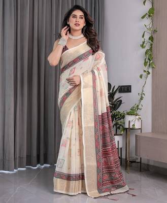 Elegant handloom linen weaved with golden zari saree with floral print & tassel edges     5.5m + 0.8m blouse 1