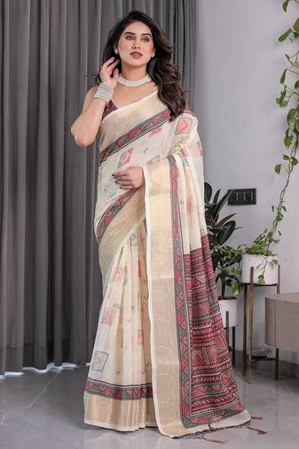 Elegant handloom linen weaved with golden zari saree with floral print & tassel edges – 5.5m + 0.8m blouse