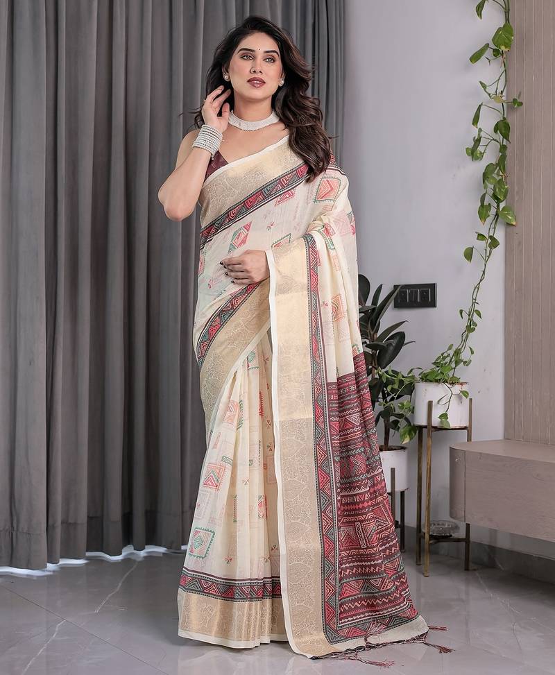 Elegant handloom linen weaved with golden zari saree with floral print & tassel edges     5.5m + 0.8m blouse