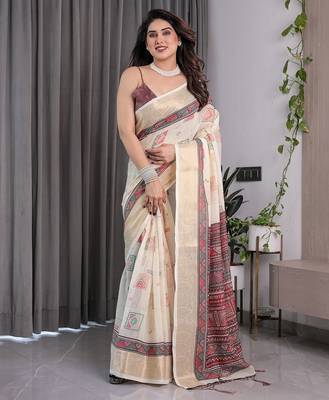 Elegant handloom linen weaved with golden zari saree with floral print & tassel edges     5.5m + 0.8m blouse 2