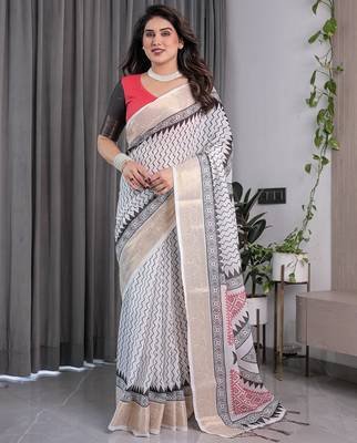 Pure linen weaved with golden zari handloom saree with floral print and designer tassels 2