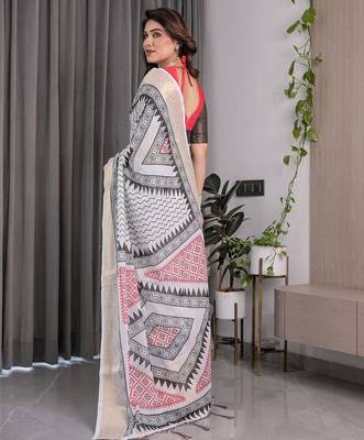Pure linen weaved with golden zari handloom saree with floral print and designer tassels 3