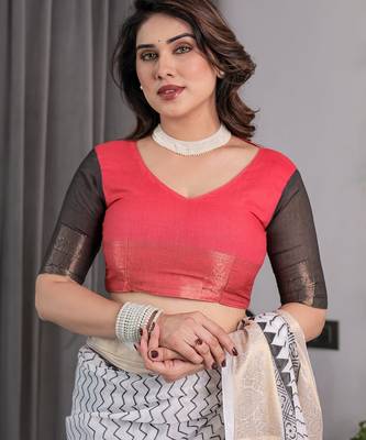 Pure linen weaved with golden zari handloom saree with floral print and designer tassels 4