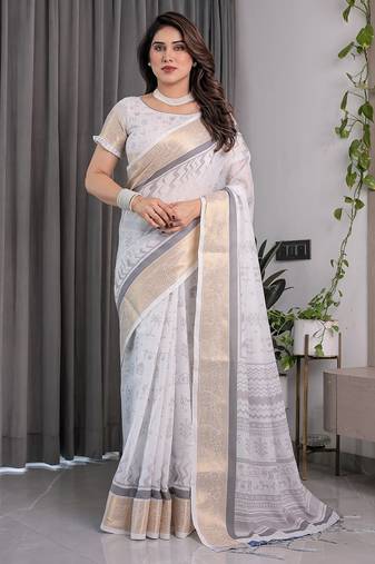 Floral printed linen weaved with golden zari saree in handloom weave with blouse piece – 5.5m
