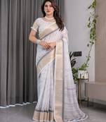 Floral printed linen weaved with golden zari saree in handloom weave with blouse piece     5.5m