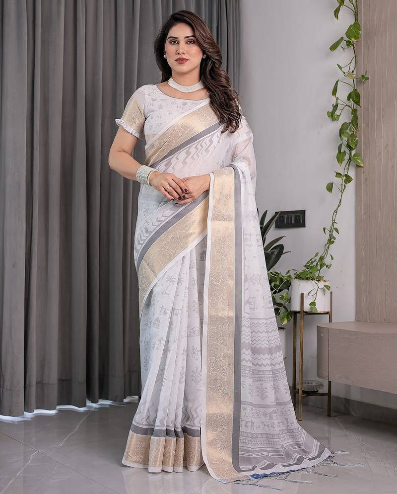 Floral printed linen weaved with golden zari saree in handloom weave with blouse piece     5.5m