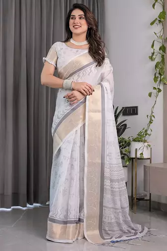 Floral printed linen weaved with golden zari saree in handloom weave with blouse piece     5.5m