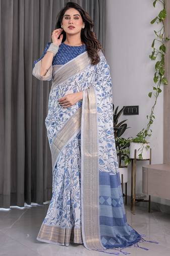 Traditional handloom linen weaved with golden zari floral saree with matching blouse & tassel detailing