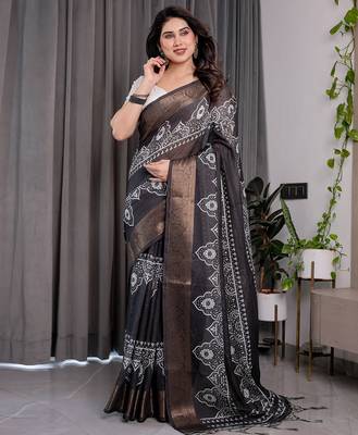 Soft handloom linen weaved with golden zari floral saree with tassels     includes 0.8m blouse 2