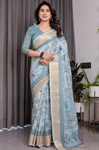 Printed floral handloom linen weaved with golden zari saree with stylish tassel finish – ready to wear