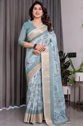 Printed floral handloom linen weaved with golden zari saree with stylish tassel finish – ready to wear