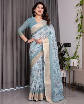 Printed floral handloom linen weaved with golden zari saree with stylish tassel finish     ready to wear 2