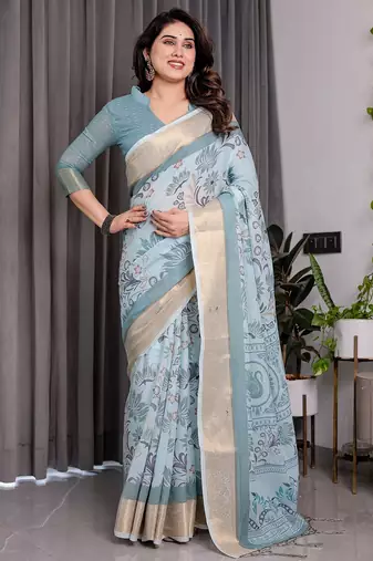 Printed floral handloom linen weaved with golden zari saree with stylish tassel finish     ready to wear