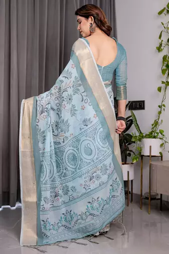 Printed floral handloom linen weaved with golden zari saree with stylish tassel finish     ready to wear