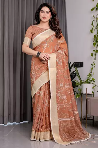 Graceful handloom linen weaved with golden zari saree with artistic floral print & tassels