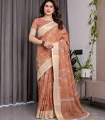 Graceful handloom linen weaved with golden zari saree with artistic floral print & tassels