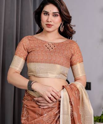 Graceful handloom linen weaved with golden zari saree with artistic floral print & tassels 4