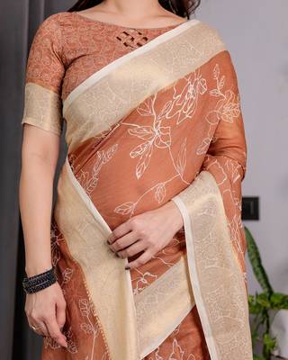 Graceful handloom linen weaved with golden zari saree with artistic floral print & tassels 5