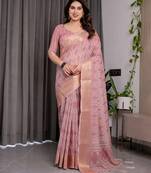 Designer floral print handloom linen weaved with golden zari saree with tassel pallu & blouse
