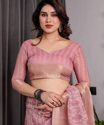 Designer floral print handloom linen weaved with golden zari saree with tassel pallu & blouse 5
