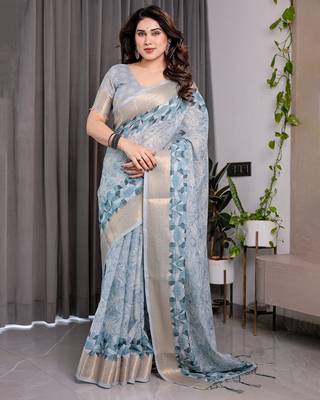 Linen weaved with golden zari handloom saree with digital floral print and tassels     festive wear 2