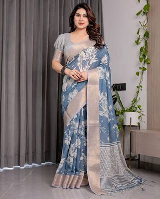 Pastel floral handloom linen weaved with golden zari saree with pallu tassels & blouse piece 1