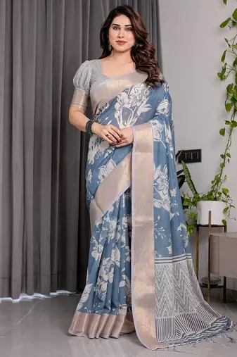 Pastel floral handloom linen weaved with golden zari saree with pallu tassels & blouse piece