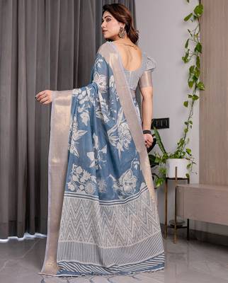 Pastel floral handloom linen weaved with golden zari saree with pallu tassels & blouse piece 3