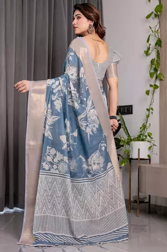 Pastel floral handloom linen weaved with golden zari saree with pallu tassels & blouse piece