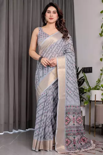 Ethnic handloom linen weaved with golden zari saree with colorful floral print and matching blouse